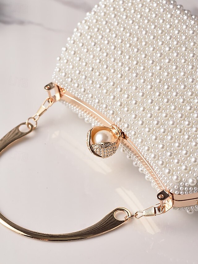 Evening Handle Bag Clutch Beaded Pearl with Gold Women's