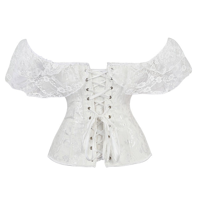 Women Floral Lace Off Shoulder Overbust Corset Bustier Boned