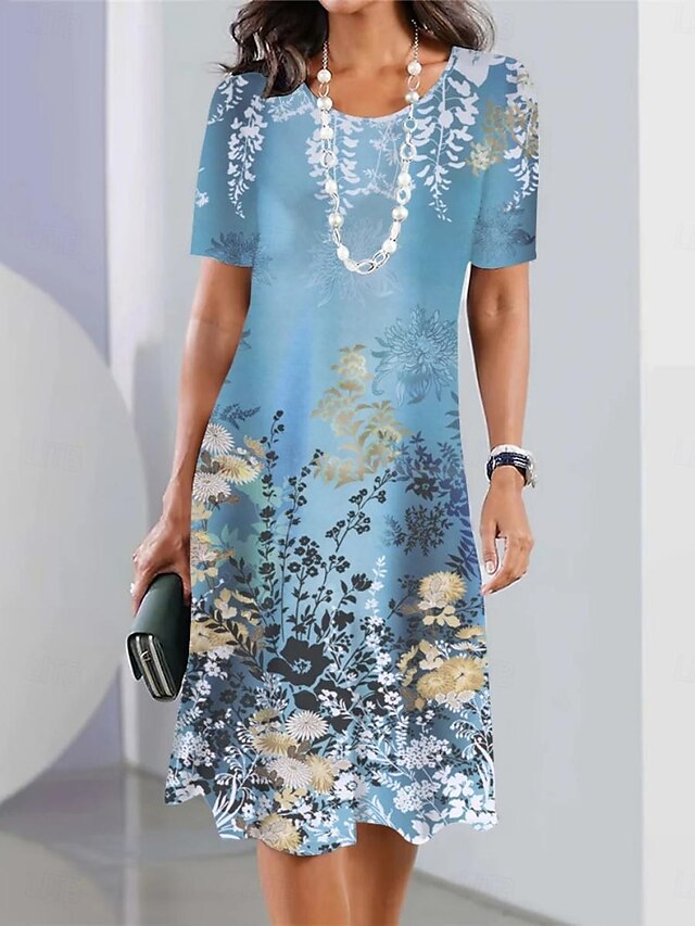 Women's Floral Print Crew Neck Midi Dress Formal Party