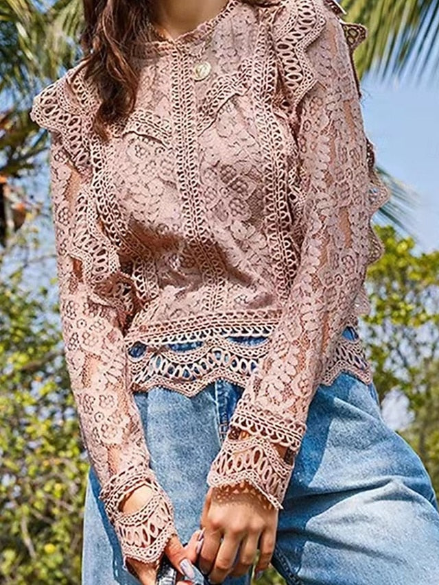 Women's Summer Tops Blouse Eyelet top Lace Tops Ruched Lace