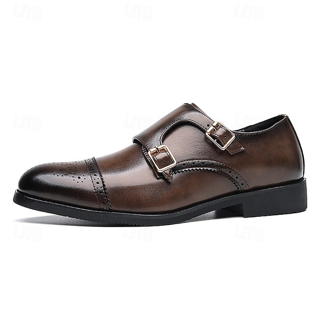 Men's Monk Leather with Strap Brown Faux Double Shoes