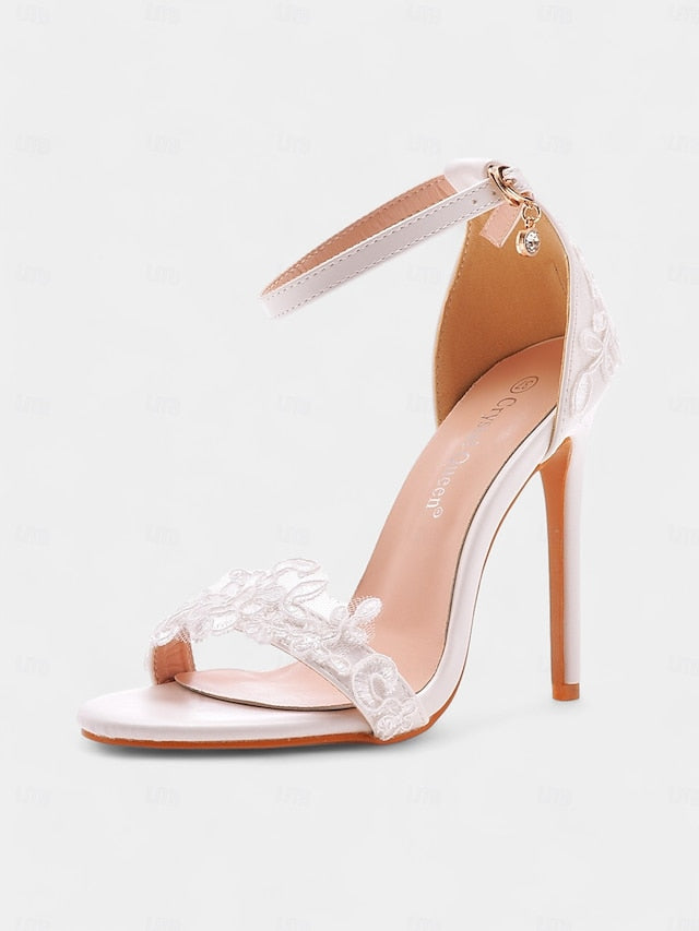 Stiletto Women's with Strap Ankle Lace Wedding Heels White