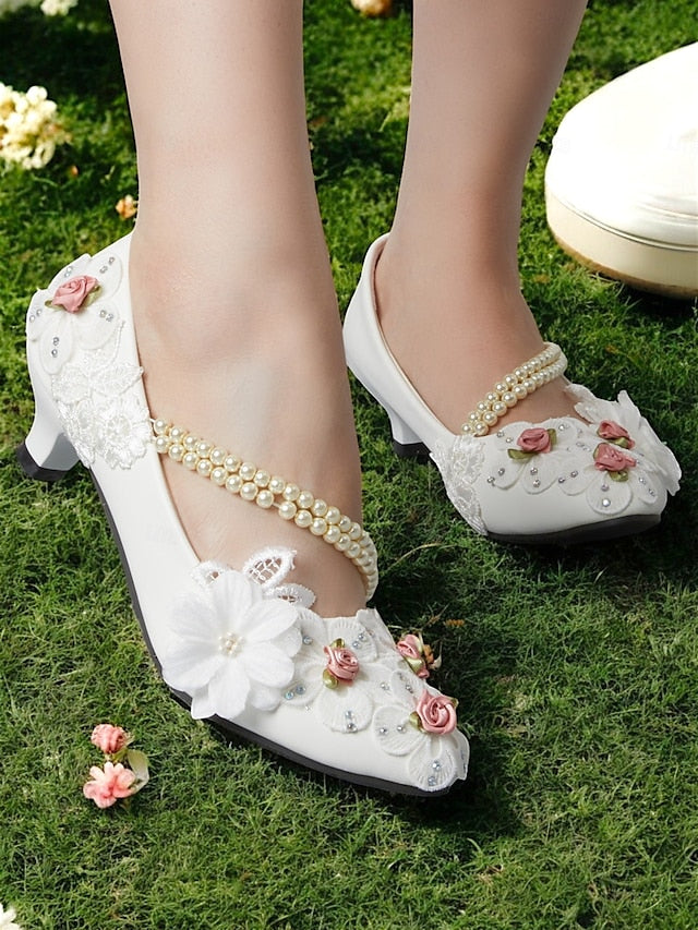 Pearl White Floral Strap Heel Embellished Low for Bridal Shoes