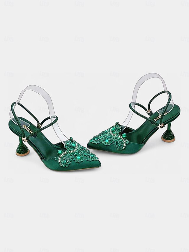 Women's Gold Toe Pointed Embellished Satin Rhinestone