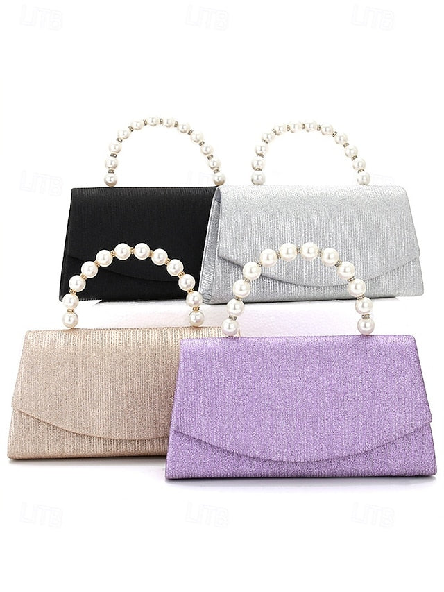 Women's – Purple with Pearl Bag Clutch Handle Glitter