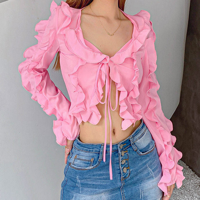 Y2K Pink Ruffle Cardigan