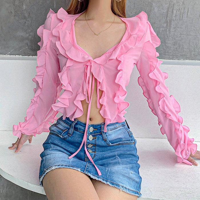 Y2K Pink Ruffle Cardigan