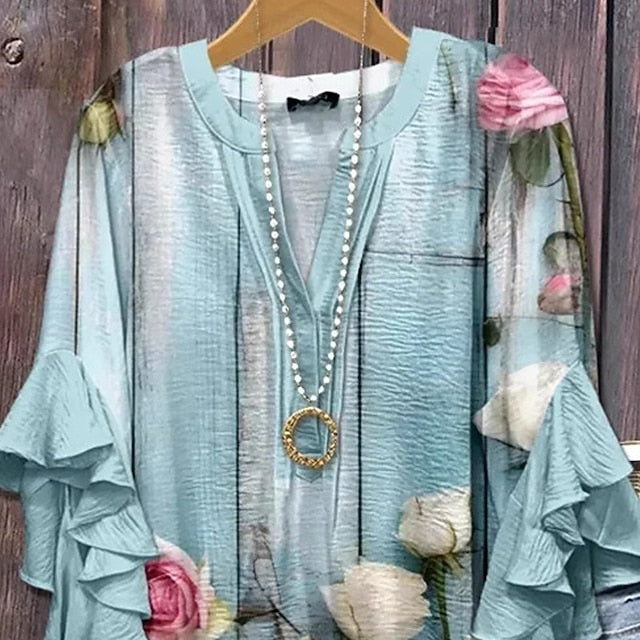 Women's T Shirt Tee Top Ruffle Print Floral Fashion Modern