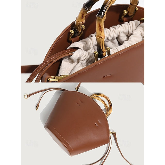 with Brown Leather Handle Bamboo Women's Bucket Bag