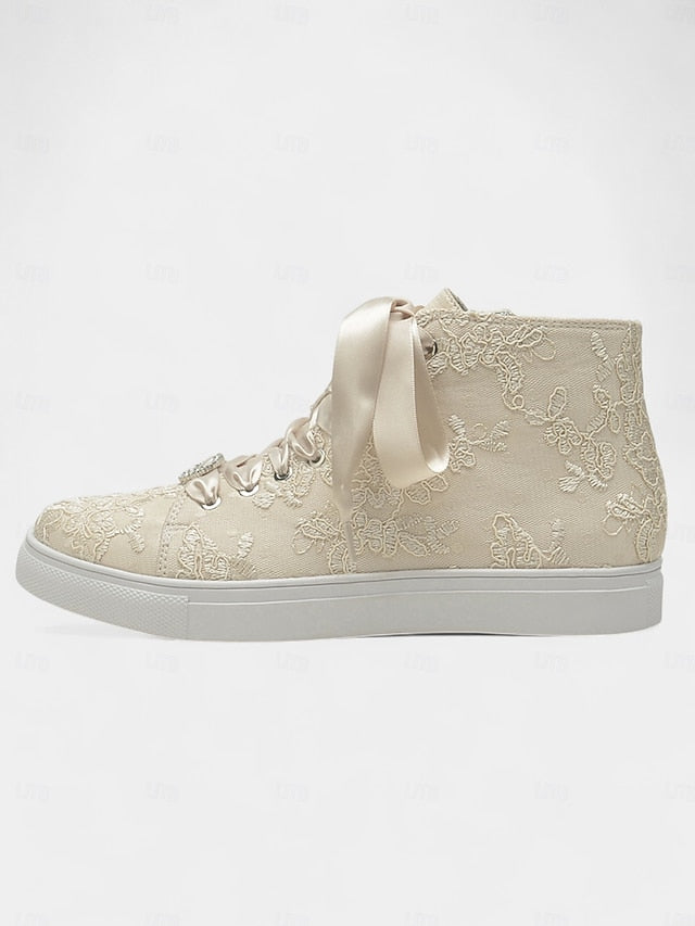Women's Wedding Ribbon Satin Ivory with Lace Laces Sneakers