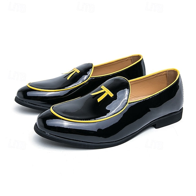 Yellow Loafers Black Leather with Faux Trim Men's Patent