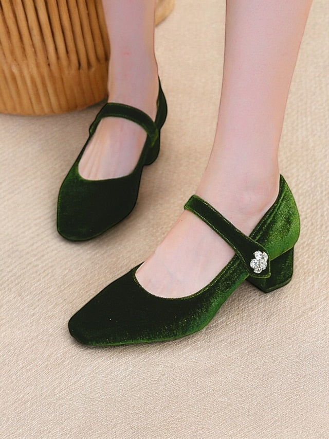Jane Block Velvet Mary Green Square Women's - Toe Pumps