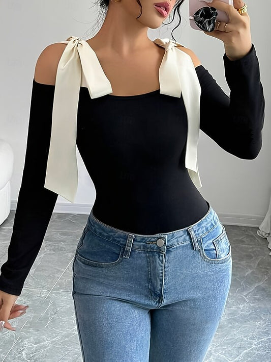 Women's Cold Shoulder Tops Bow Graphic Plain Elegant