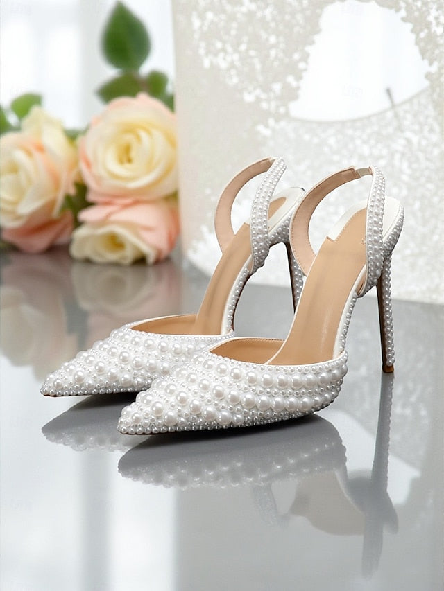 Women's Leather - Heels Pearl-Embellished Slingback White