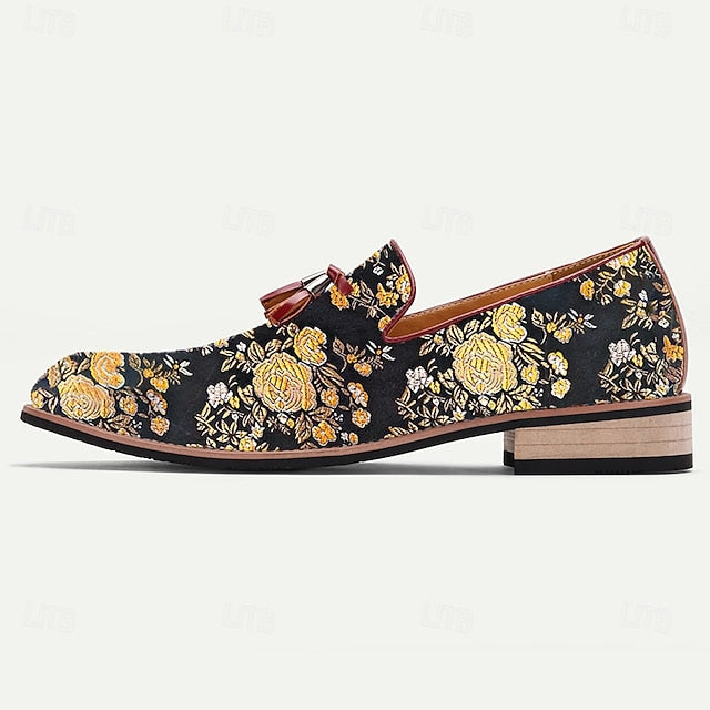 Men's with Tassels Jacquard Pattern Loafers Floral for