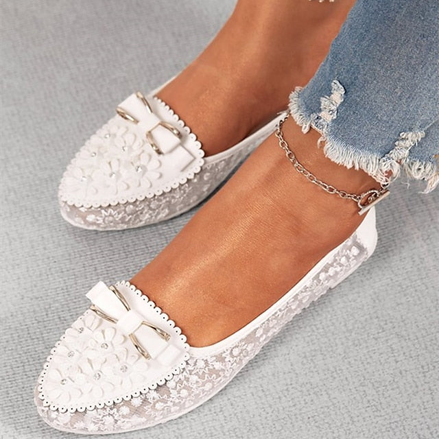 Pink Flats Floral Details - Bow with and Women's Lace
