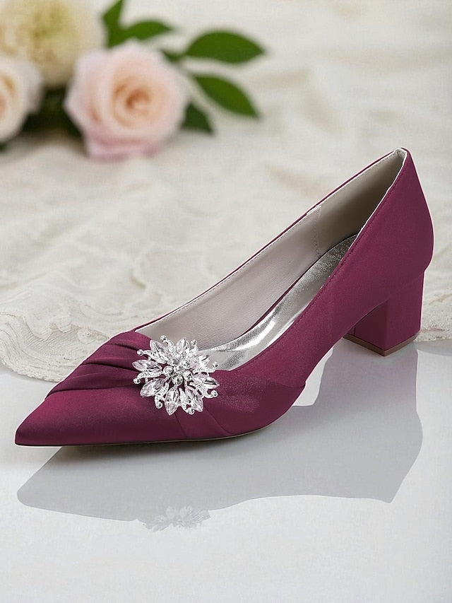 Women's White Block with Pumps Heel Low Crystal