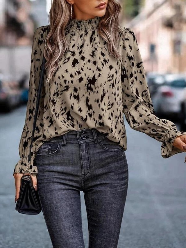 Women's Shirt Blouse Fashion Print Petal Sleeve Long Sleeve