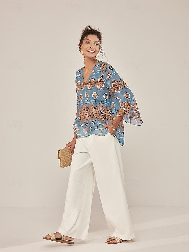 Women's Paisley Print Chiffon Peasant Top Lantern Sleeve