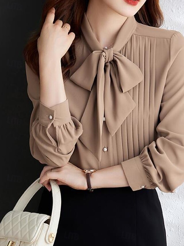 Women's Shirt Blouse Chiffon Tops Pleated Buttons Plain