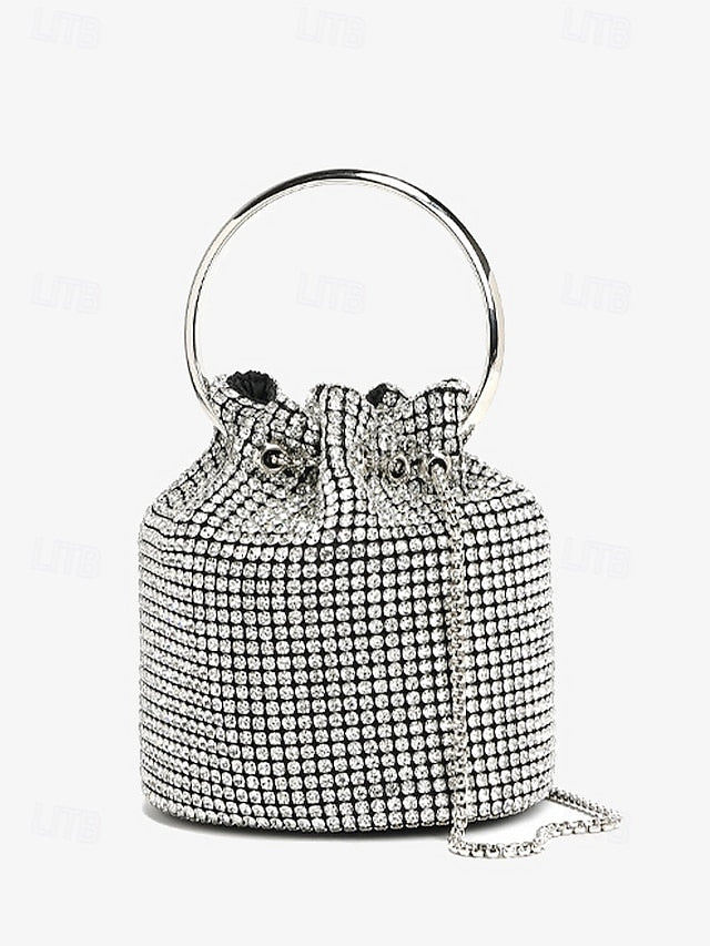 Women's Rhinestone Silver Sparkling Bucket with Bag Metal