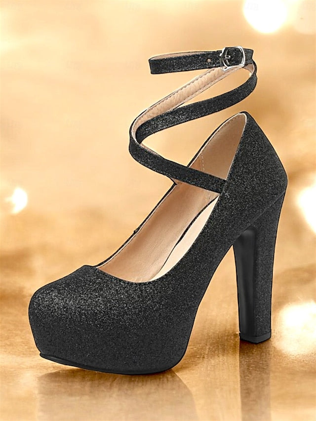 with Ankle Pink – Women's Strap Glitter Platform Heels