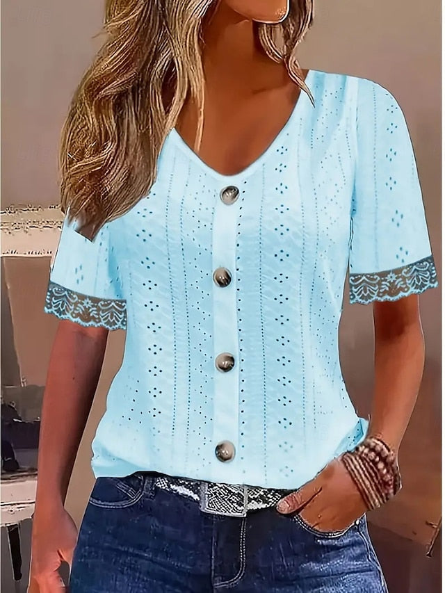 Women's T-Shirt  Solid Color Stylish Casual Short Sleeve V
