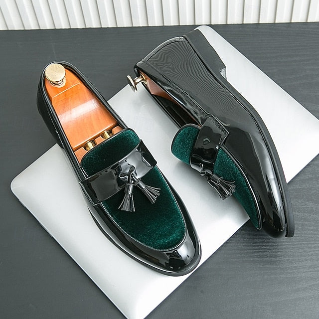 Faux Black Patent Loafers Leather Men's Velvet Tassel –