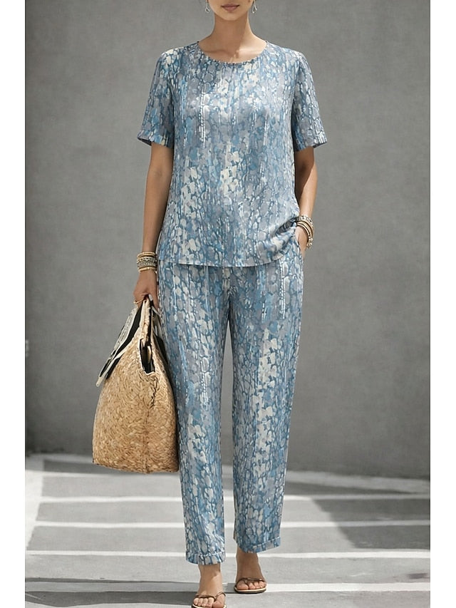 Women's Cotton Linen Sets Short Sleeve Round Neck Graphic