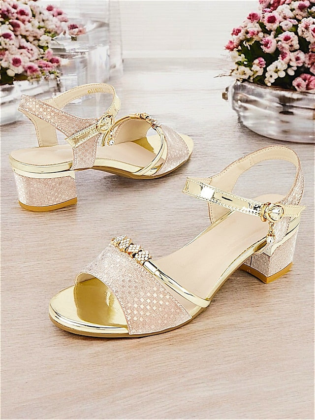 – Gold Sandals for Women Block Heel Rhinestone-Embellished