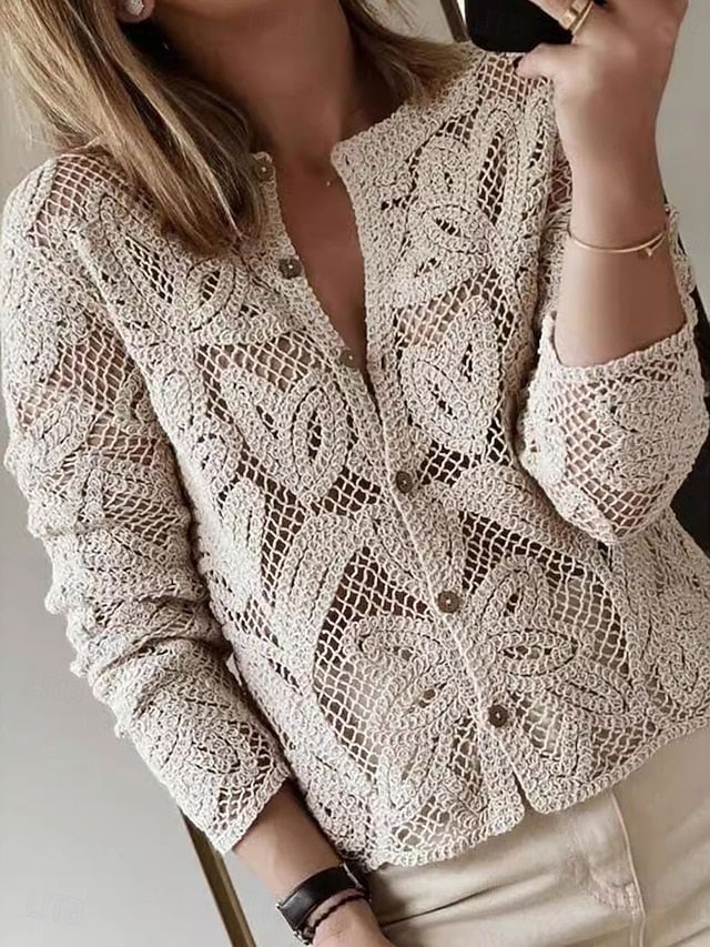 Women's Blouse Hollow Out Buttons Solid Color Basic Casual