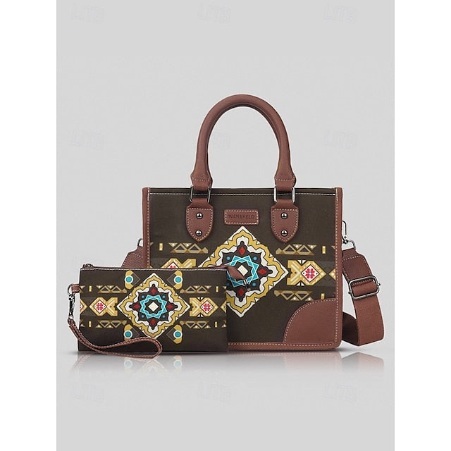 Canvas Handbag Women's and Leather Faux Set Ethnic with