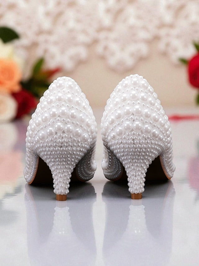 Pearl-Embellished Women's Kitten Pumps and Heel Matching