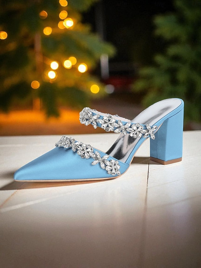 Women's Mules Rhinestone Floral Heel Black Block Satin with