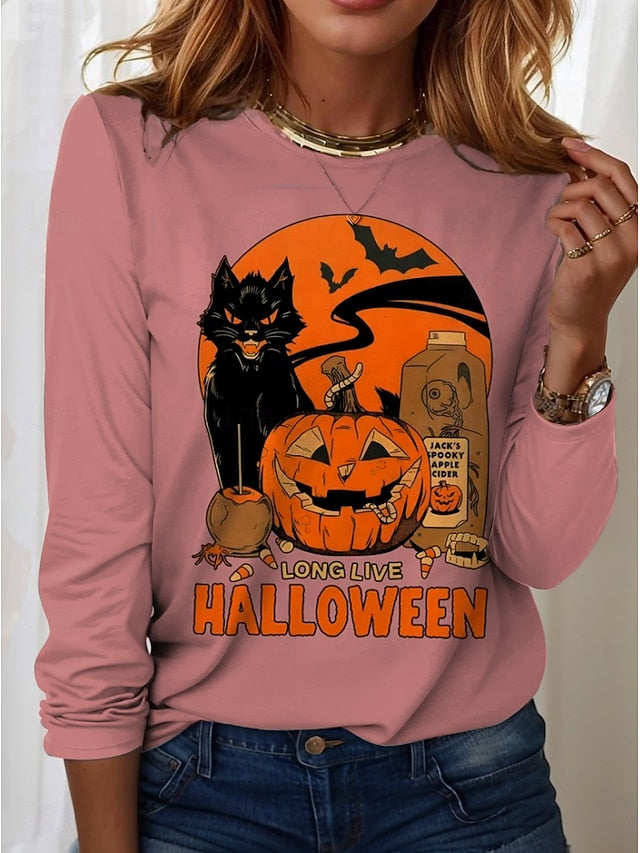 Women's T shirt Black Cat Graphic Cat Pumpkin Vintage