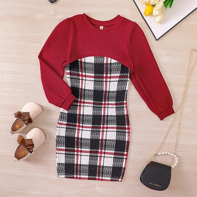 Dress Color Girls' Block Pieces 2 Kids Suits Set Long