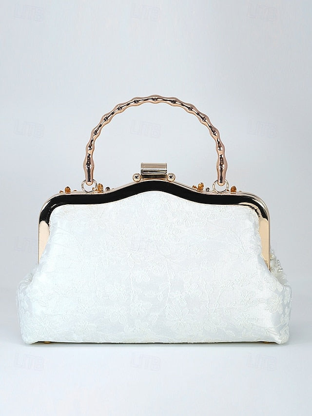 and Lace Floral Handbag Pearl with Evening White Elegant