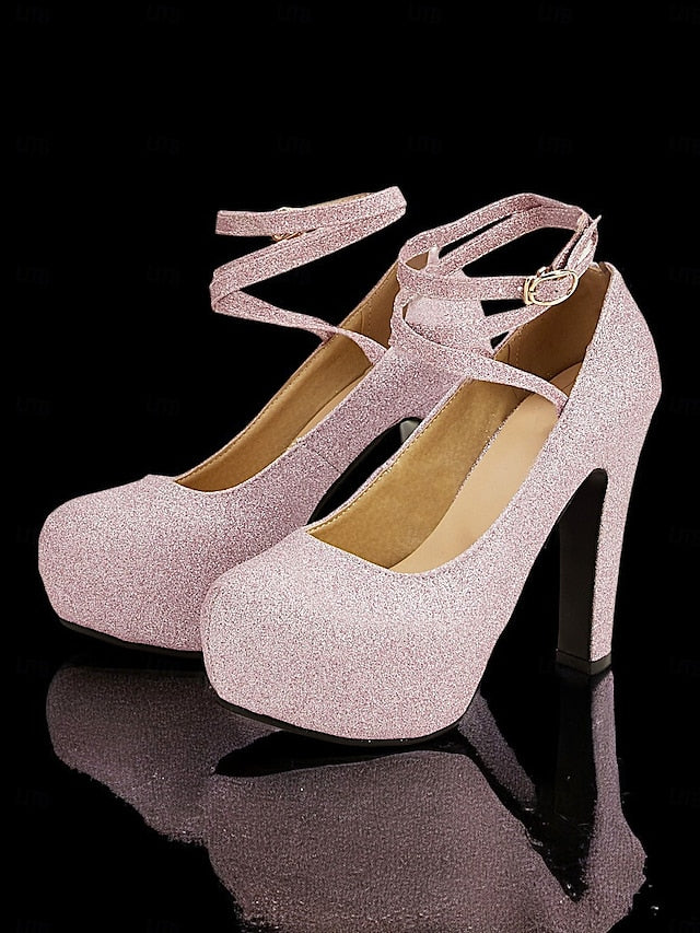 with Ankle Pink – Women's Strap Glitter Platform Heels