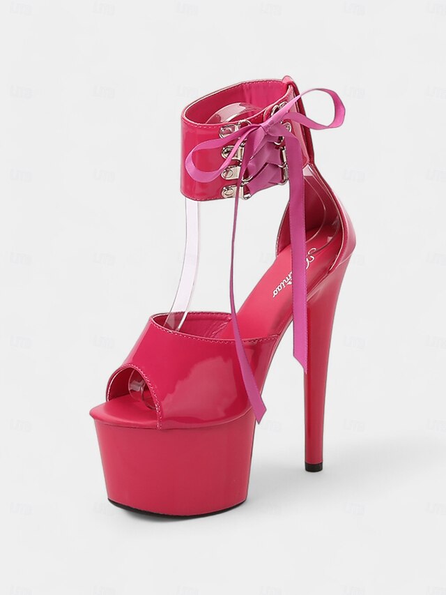 Patent Platform Sandals Lace-Up Black Straps Ankle Leather with