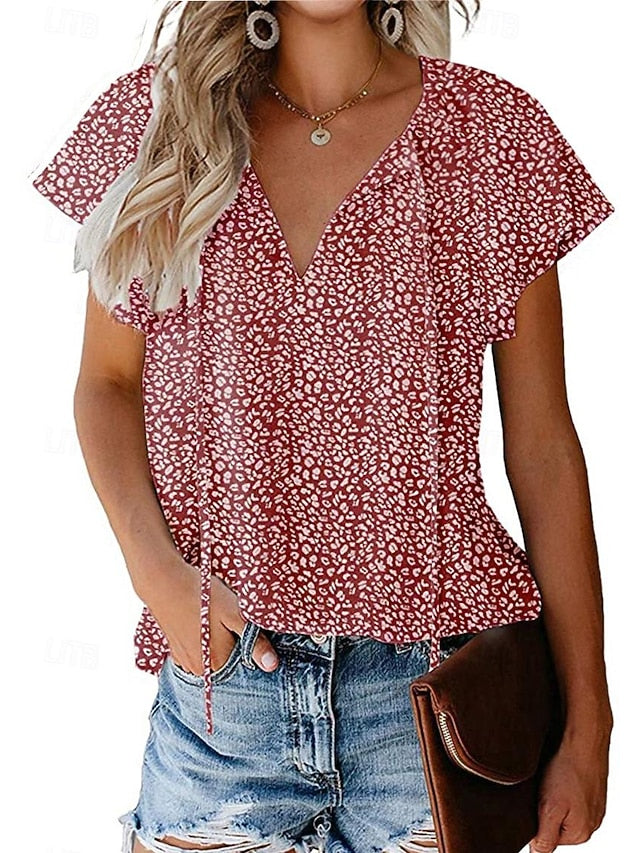 Women's Shirt Blouse Lace up Print Leopard Casual Short