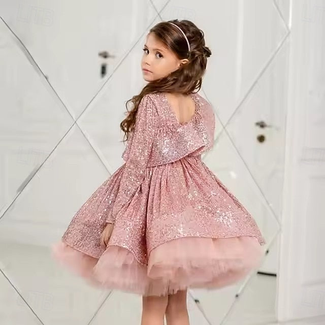 Girls' Sleeve Dress Performance Kids Solid Party Color Long