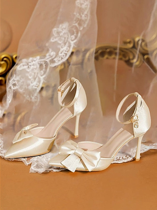 Champagne Pumps Ankle – Strap Bow Women's Classy Pointed