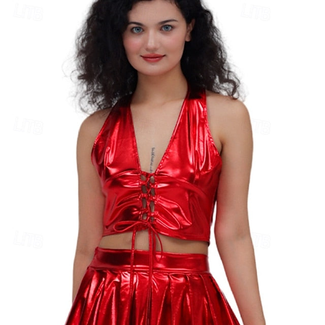 Retro Vintage 1980s Crop Top Disco Halter Shiny Latex Patent