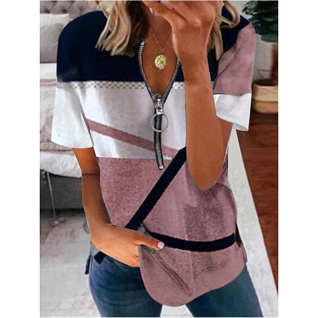 Women's T Shirt Tee Top Zipper Print Geometric Fashion