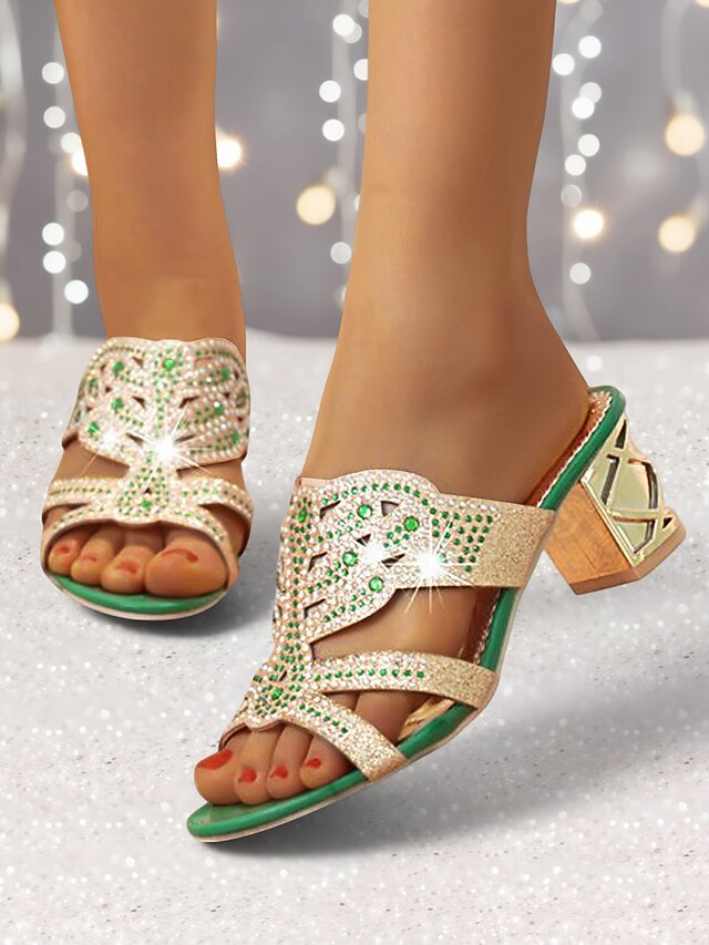 and Gold - Heeled Sandals Embellished Green Rhinestone