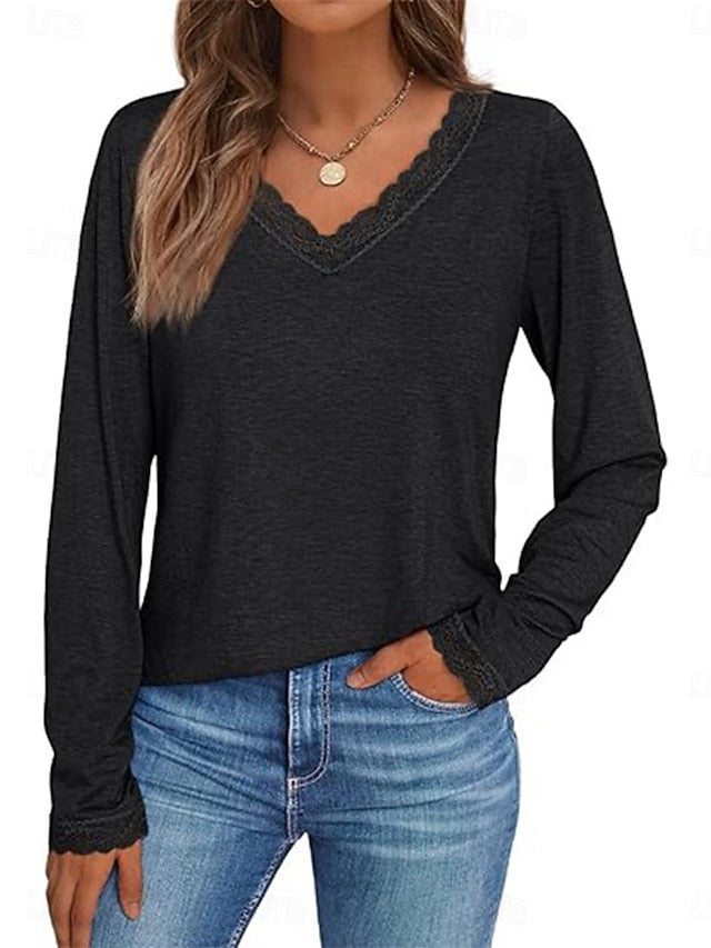 Women's T-Shirt  Solid Color Stylish Casual Long Sleeve V
