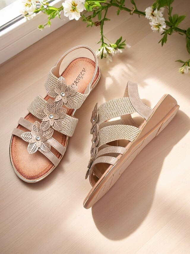 – Floral Sandals Elegant Flat Women's Beige Rhinestone