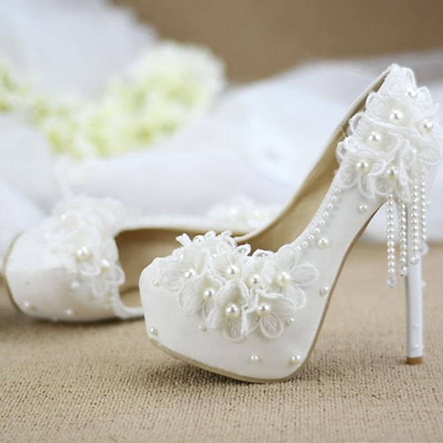 with Women's Platform Heels Floral Lace Wedding White