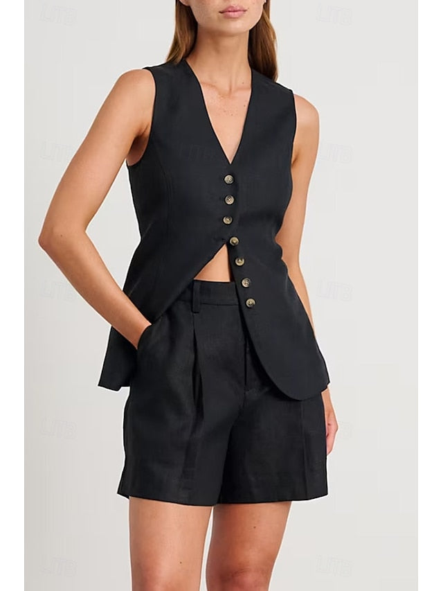 Women's Blouse Shorts Sets Sleeveless V Neck Solid Color