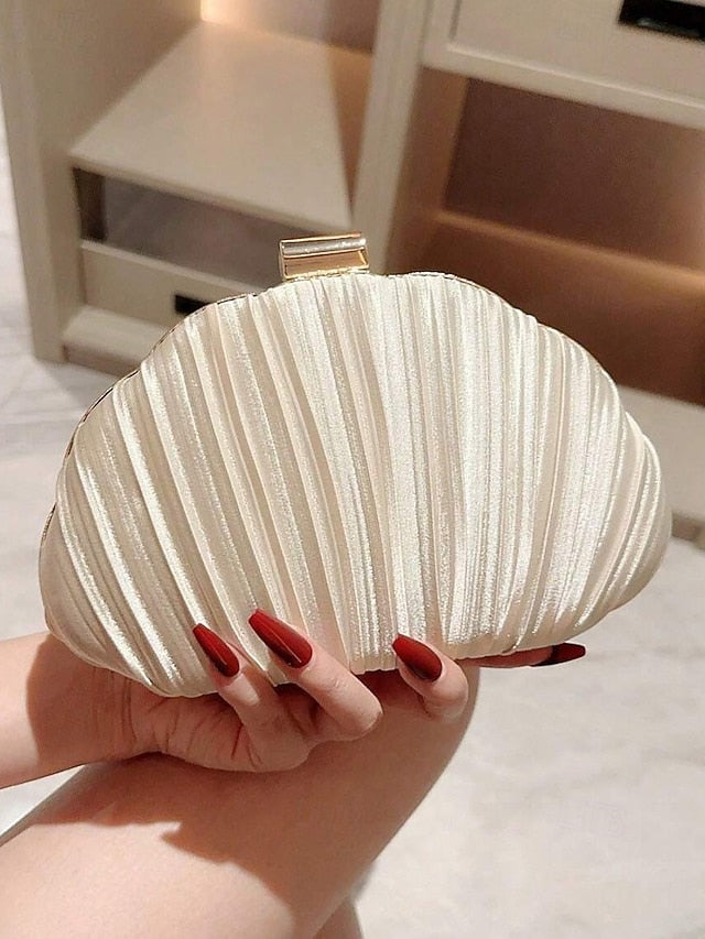 Women's Satin Clutch Shell Purse Pleated Evening
